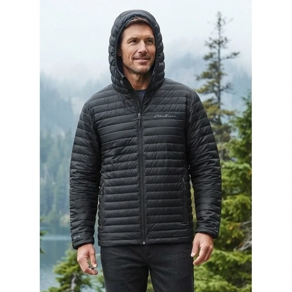 Eddie Bauer Black Hooded Down Puffer Jacket Men's Size M Packable Outdoor Hiking